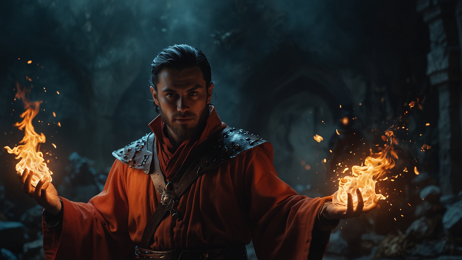 a dnd sorcerer with fire in his hands